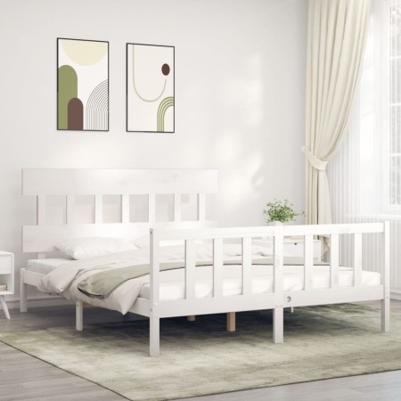 White solid wood bed frame with headboard 160x200 cm by vidaXL, Beds and slatted bases - Ref: Foro24-3193347, Price: 140,82 €...