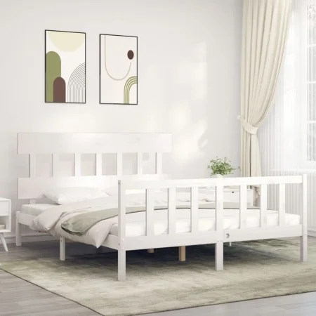 White solid wood bed frame with headboard 160x200 cm by vidaXL, Beds and slatted bases - Ref: Foro24-3193347, Price: 139,03 €...