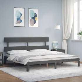 Gray solid wood bed frame with headboard 200x200cm by vidaXL, Beds and slatted bases - Ref: Foro24-3193553, Price: 172,52 €, ...