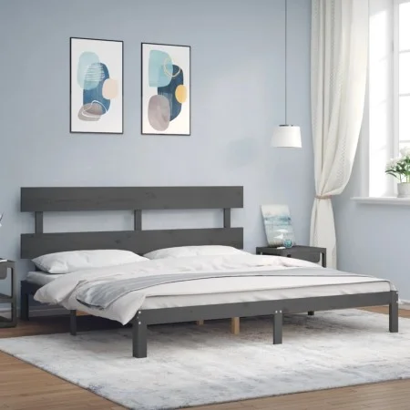 Gray solid wood bed frame with headboard 200x200cm by vidaXL, Beds and slatted bases - Ref: Foro24-3193553, Price: 172,51 €, ...