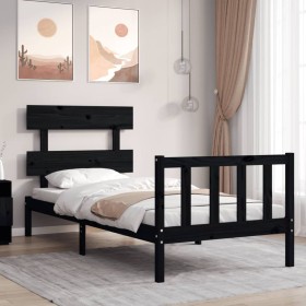 Estructura de cama con cabecero madera maciza negro 90x200 cm