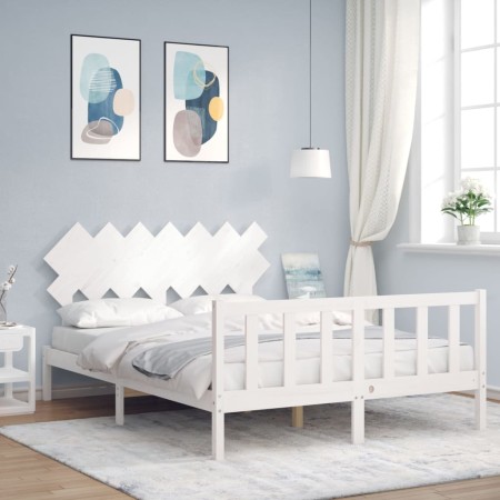 Double bed frame with white solid wood headboard by vidaXL, Beds and slatted bases - Ref: Foro24-3193472, Price: 139,59 €, Di...