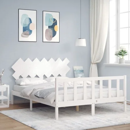 Double bed frame with white solid wood headboard by vidaXL, Beds and slatted bases - Ref: Foro24-3193472, Price: 137,82 €, Di...