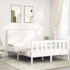 White solid wood bed frame with headboard 140x200 cm by vidaXL, Beds and slatted bases - Ref: Foro24-3193402, Price: 146,79 €...