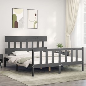 Double bed frame with gray solid wood headboard by vidaXL, Beds and slatted bases - Ref: Foro24-3193343, Price: 148,08 €, Dis...
