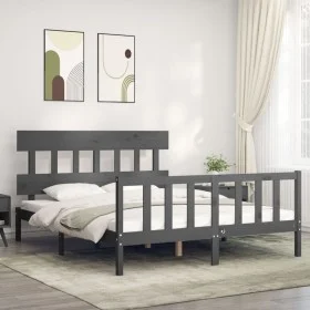 Double bed frame with gray solid wood headboard by vidaXL, Beds and slatted bases - Ref: Foro24-3193343, Price: 154,58 €, Dis...