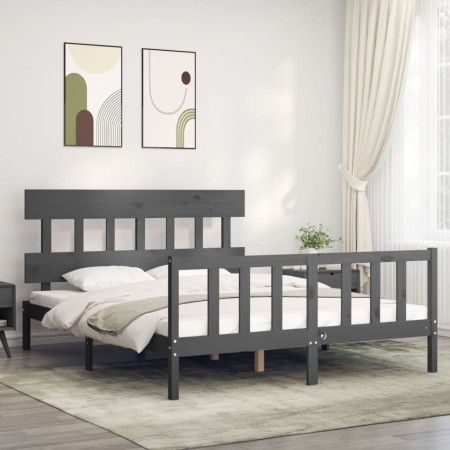 Estructura de cama matrimonio con cabecero madera maciza gris de vidaXL, Camas y somieres - Ref: Foro24-3193343, Precio: 148,...