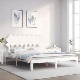 White solid wood bed frame with headboard 160x200 cm by vidaXL, Beds and slatted bases - Ref: Foro24-3193737, Price: 152,99 €...