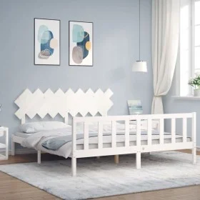 Double bed frame with white solid wood headboard by vidaXL, Beds and slatted bases - Ref: Foro24-3193482, Price: 161,64 €, Di...