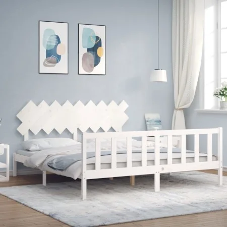 Double bed frame with white solid wood headboard by vidaXL, Beds and slatted bases - Ref: Foro24-3193482, Price: 161,64 €, Di...