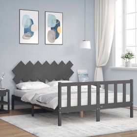 Estructura de cama con cabecero madera maciza gris