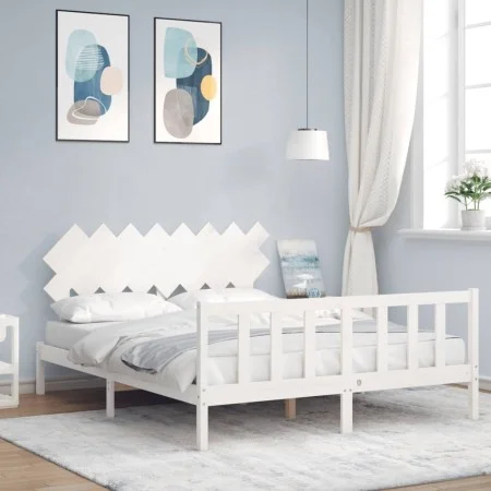 White solid wood bed frame with headboard 160x200 cm by vidaXL, Beds and slatted bases - Ref: Foro24-3193477, Price: 142,11 €...