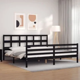 Bed frame with black solid wood headboard 200x200 cm by vidaXL, Beds and slatted bases - Ref: Foro24-3194855, Price: 171,94 €...