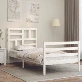 White solid wood bed frame with headboard 90x200 cm by vidaXL, Beds and slatted bases - Ref: Foro24-3194882, Price: 95,67 €, ...