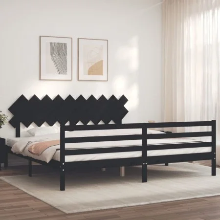 Bed frame with black solid wood headboard 200x200 cm by vidaXL, Beds and slatted bases - Ref: Foro24-3195310, Price: 173,57 €...