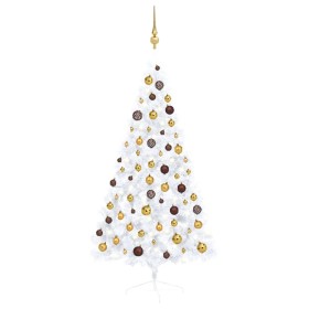Medio árbol de Navidad con luces y bolas blanco 150 cm