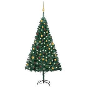 Árbol de Navidad preiluminado con luces y bolas verde 180 cm