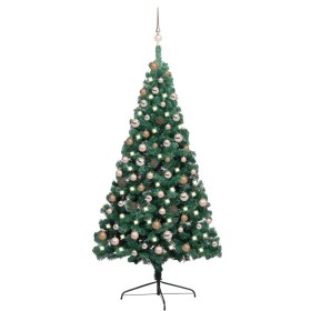 Medio árbol de Navidad con luces y bolas verde 180 cm
