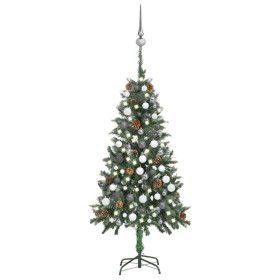 Árbol de Navidad preiluminado con luces, bolas y piñas 150 cm