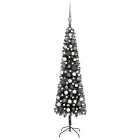 Árbol de Navidad delgado con LEDs y bolas negro 150 cm