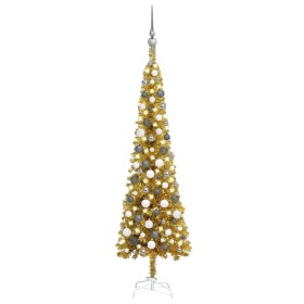 Árbol de Navidad delgado con LEDs y bolas dorado 150 cm