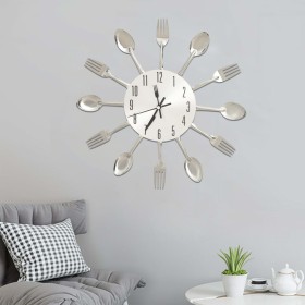 Reloj de pared diseño cuchara y tenedor plateado 31 cm aluminio