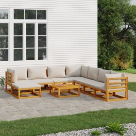 Set muebles de jardín 9 pzas madera maciza y cojines gris claro