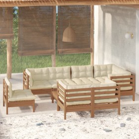 Muebles de jardín 9 pzas y cojines madera de pino marrón miel