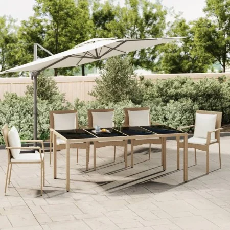 Mesa de jardín ratán beige y superficie de vidrio templado de vidaXL, Mesas de jardín - Ref: Foro24-319556, Precio: 154,18 €,...