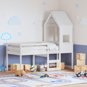 Cama alta con techo madera maciza pino blanca 75x190 cm Cama alta con techo madera maciza pino blanca 75x190 cm