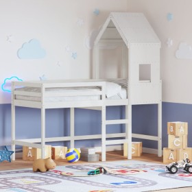 Cama alta escalera y techo madera maciza pino blanca 80x200 cm