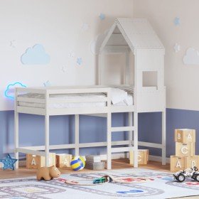 Cama alta escalera y techo madera maciza pino blanca 90x190 cm Cama alta escalera y techo madera maciza pino blanca 90x190 cm