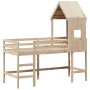 Cama alta con escalera y techo madera maciza de pino 80x200 cm