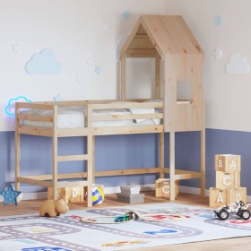 Cama alta con escalera y techo madera maciza de pino 90x200 cm