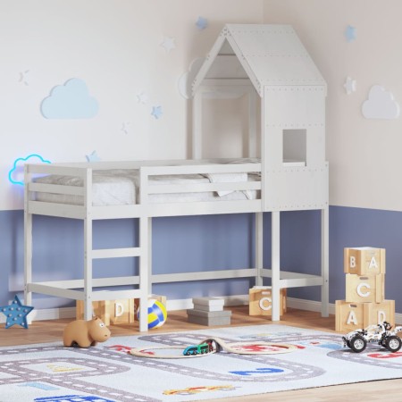 Cama alta escalera y techo madera maciza pino blanca 90x200 cm
