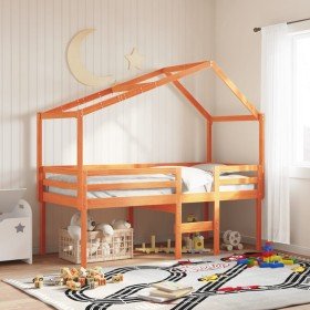 Cama alta con techo madera maciza de pino marrón cera 90x200 cm Cama alta con techo madera maciza de pino marrón cera 90x200 cm