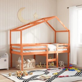 Cama alta con techo madera maciza de pino marrón cera 80x200 cm Cama alta con techo madera maciza de pino marrón cera 80x200 cm