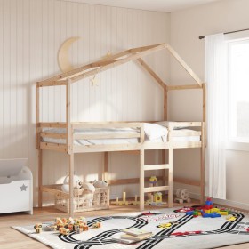 Cama alta con escalera y techo madera maciza de pino 90x200 cm