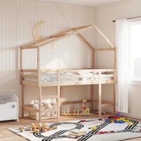 Cama alta con escalera y techo madera maciza de pino 90x190 cm