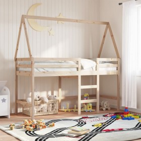 Cama alta con escalera y techo madera maciza de pino 80x200 cm