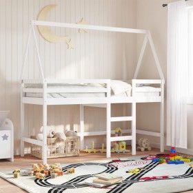 Cama alta escalera y techo madera maciza pino blanca 80x200 cm