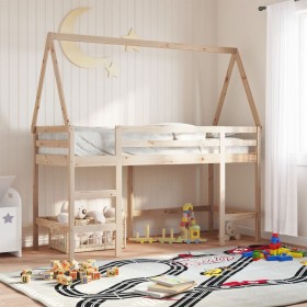 Cama alta con escalera y techo madera maciza de pino 80x200 cm