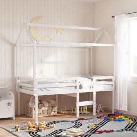 Cama alta con techo madera maciza de pino blanca 90x190 cm