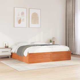 Cama sin colchón madera maciza de pino marrón cera 200x200 cm Cama sin colchón madera maciza de pino marrón cera 200x200 cm