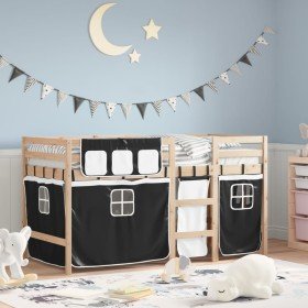Cama alta niños con cortinas madera pino blanco negro 80x200 cm