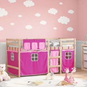 Cama alta para niños con cortinas madera pino rosa 80x200 cm