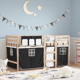 Cama alta niños con cortinas madera pino blanco negro 90x200 cm