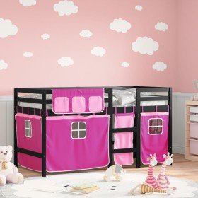 Cama alta para niños con cortinas madera pino rosa 90x200 cm Cama alta para niños con cortinas madera pino rosa 90x200 cm
