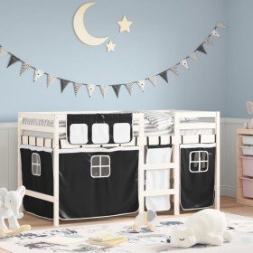 Cama alta niños con cortinas madera pino blanco negro 90x190 cm en Camas y somieres | Comprar online en Foro24