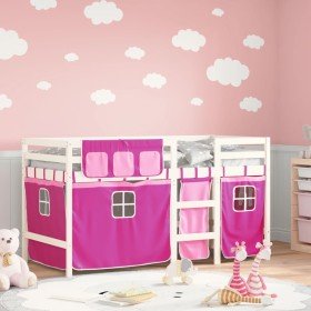 Cama alta para niños con cortinas madera pino rosa 90x190 cm Cama alta para niños con cortinas madera pino rosa 90x190 cm